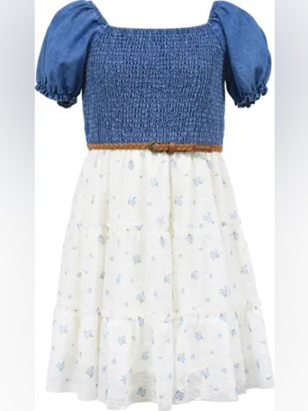 Zunie Girls Denim Floral Lace Belted Dress Blue White Size XS 5/6
